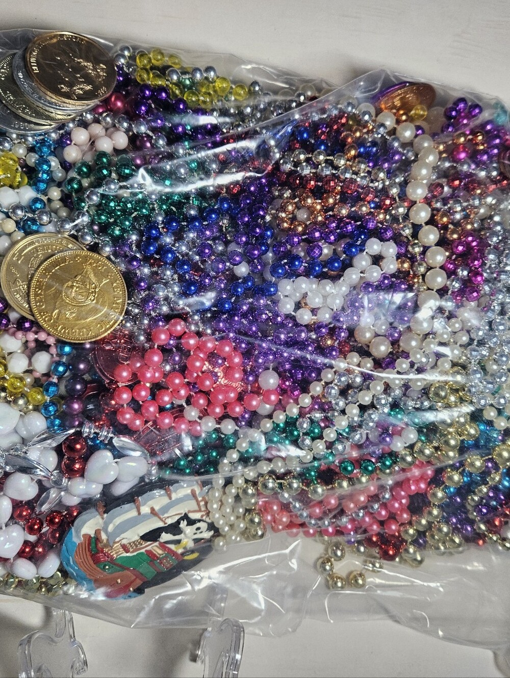 Huge 2-Gallon Bag of Mixed Mardi Gras Beads & Gasparilla Pirate Medallion